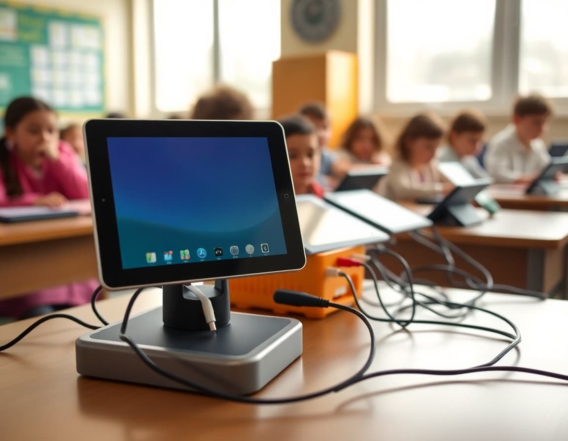 Tablet charging station in a classroom with devices plugged in