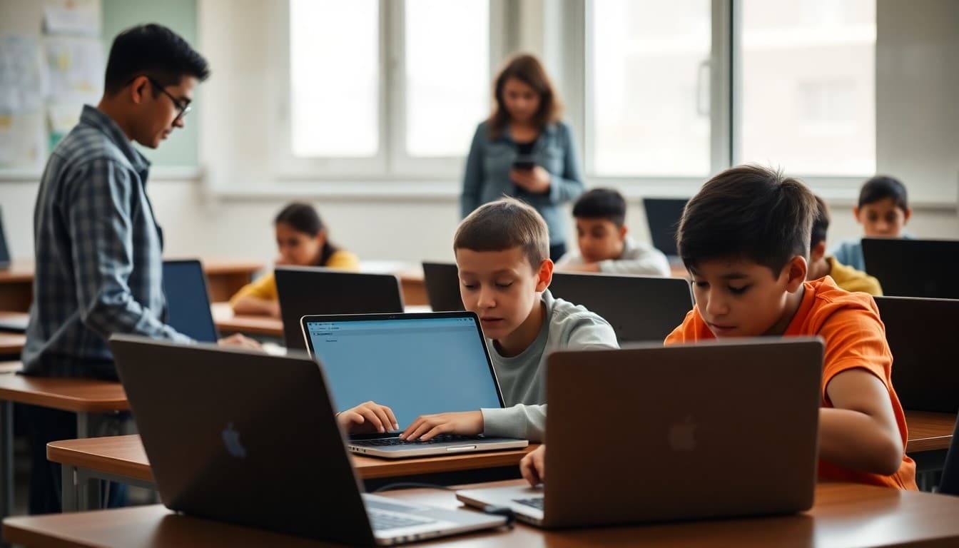 Students working on laptops in a classroom with a teacher supervising