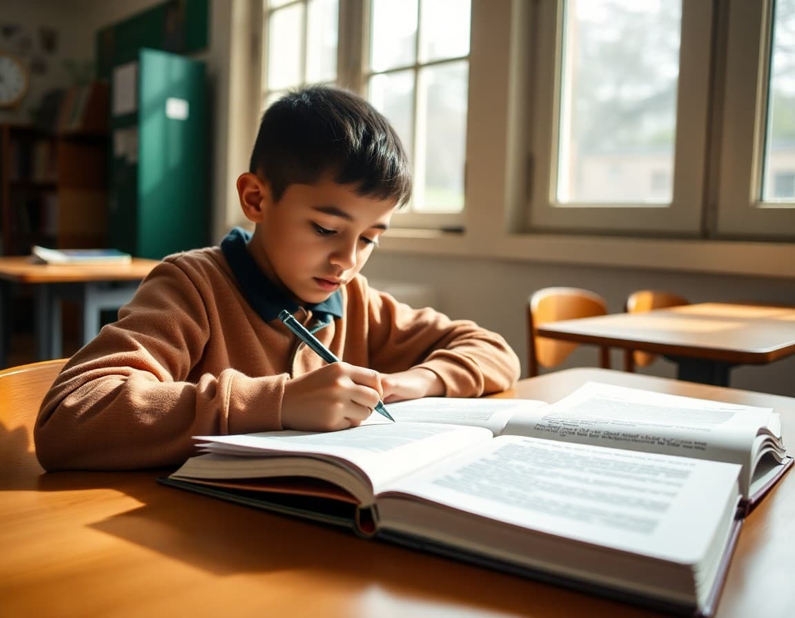 Student writing a reading response with an open book and highlighted text passage nearby
