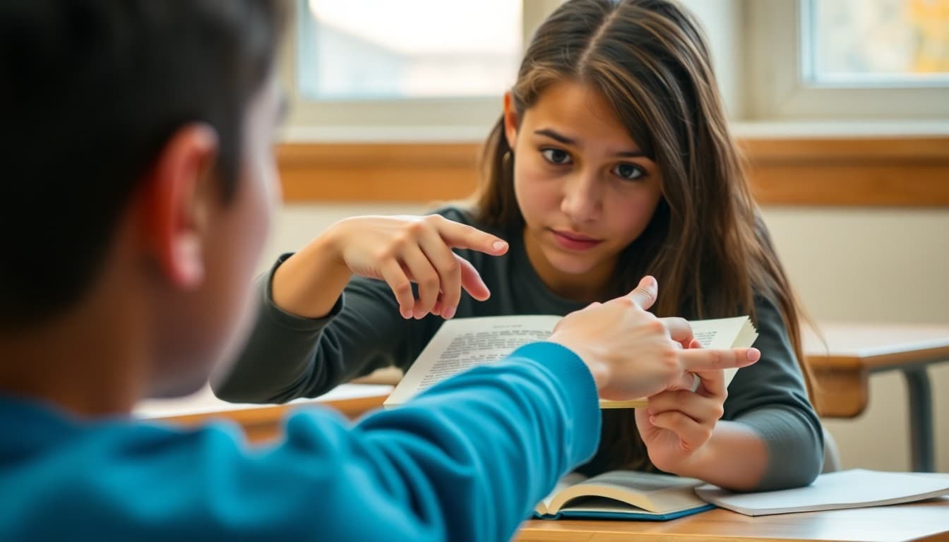 Student pointing to a specific passage in a book to support an argument in class