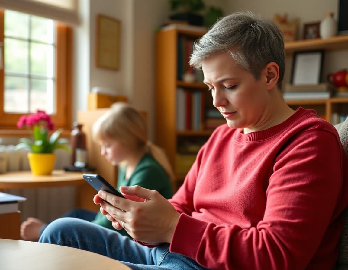 Parent reading weekly school newsletter on smartphone at home