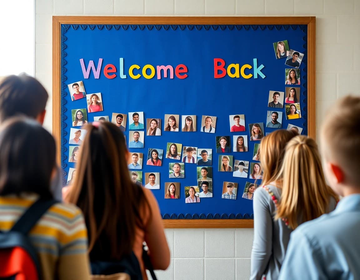 Welcome back bulletin board decorated with student photos and colorful letters