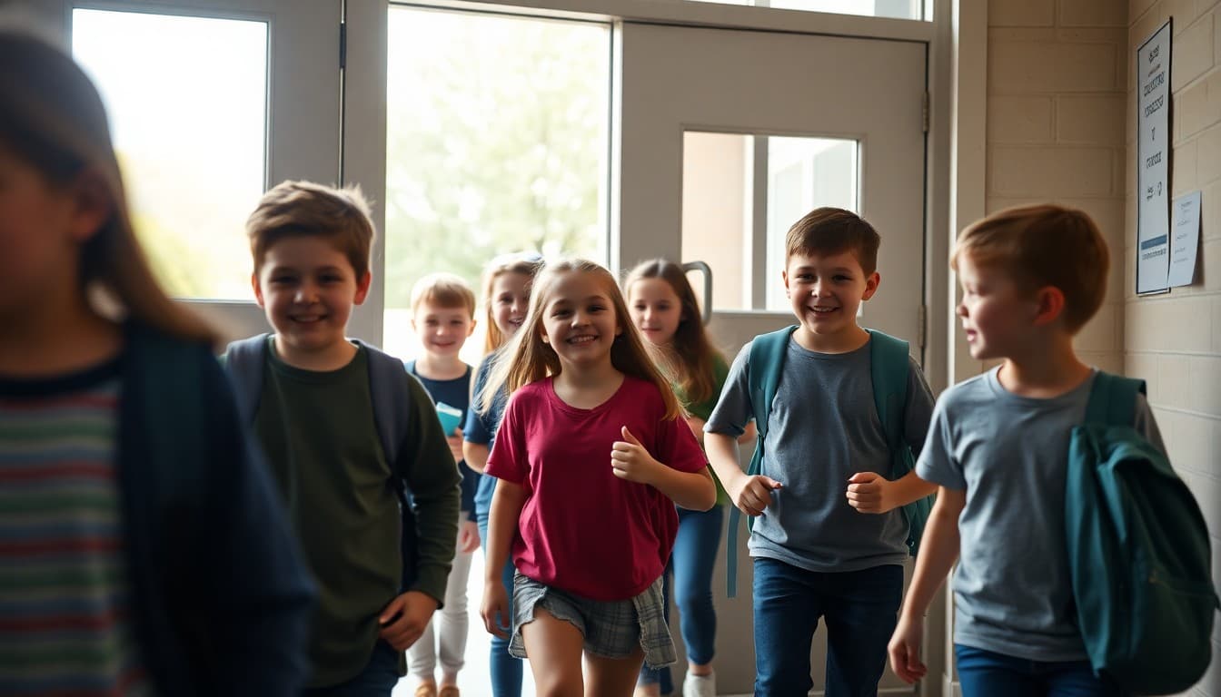 Excited students walking through school entrance doors on the first day back