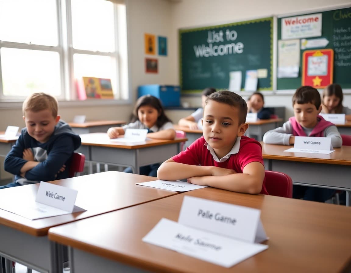 Back to school classroom setup with name tags on desks and a welcome sign