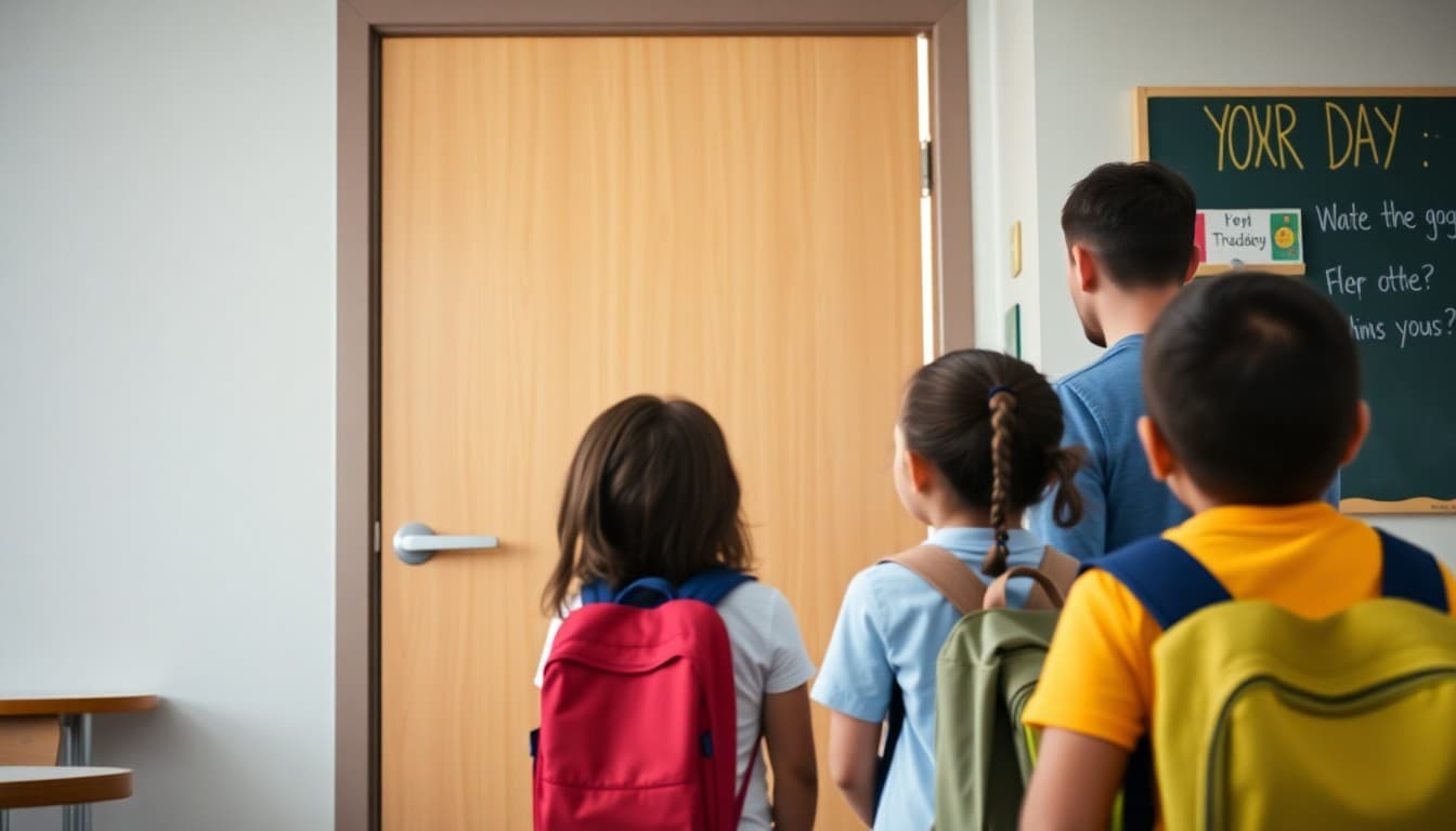 Teacher greeting students at the classroom door on the first day of school