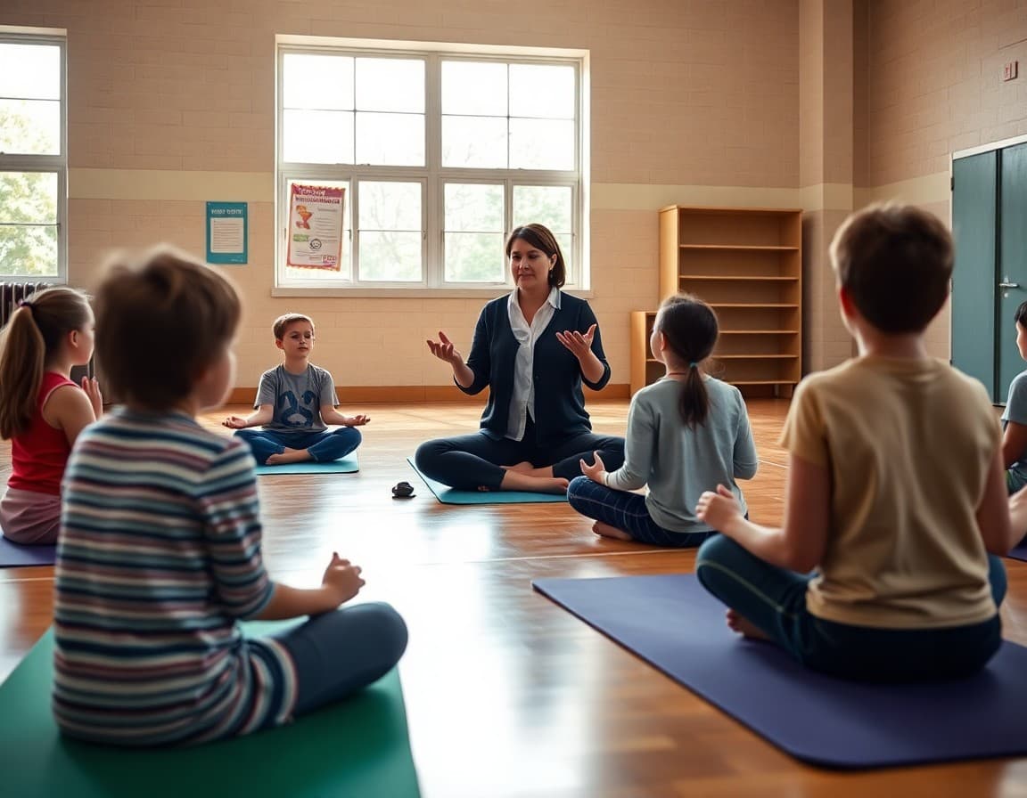 Teacher guiding students in a seated breathing exercise on yoga mats in a school gym