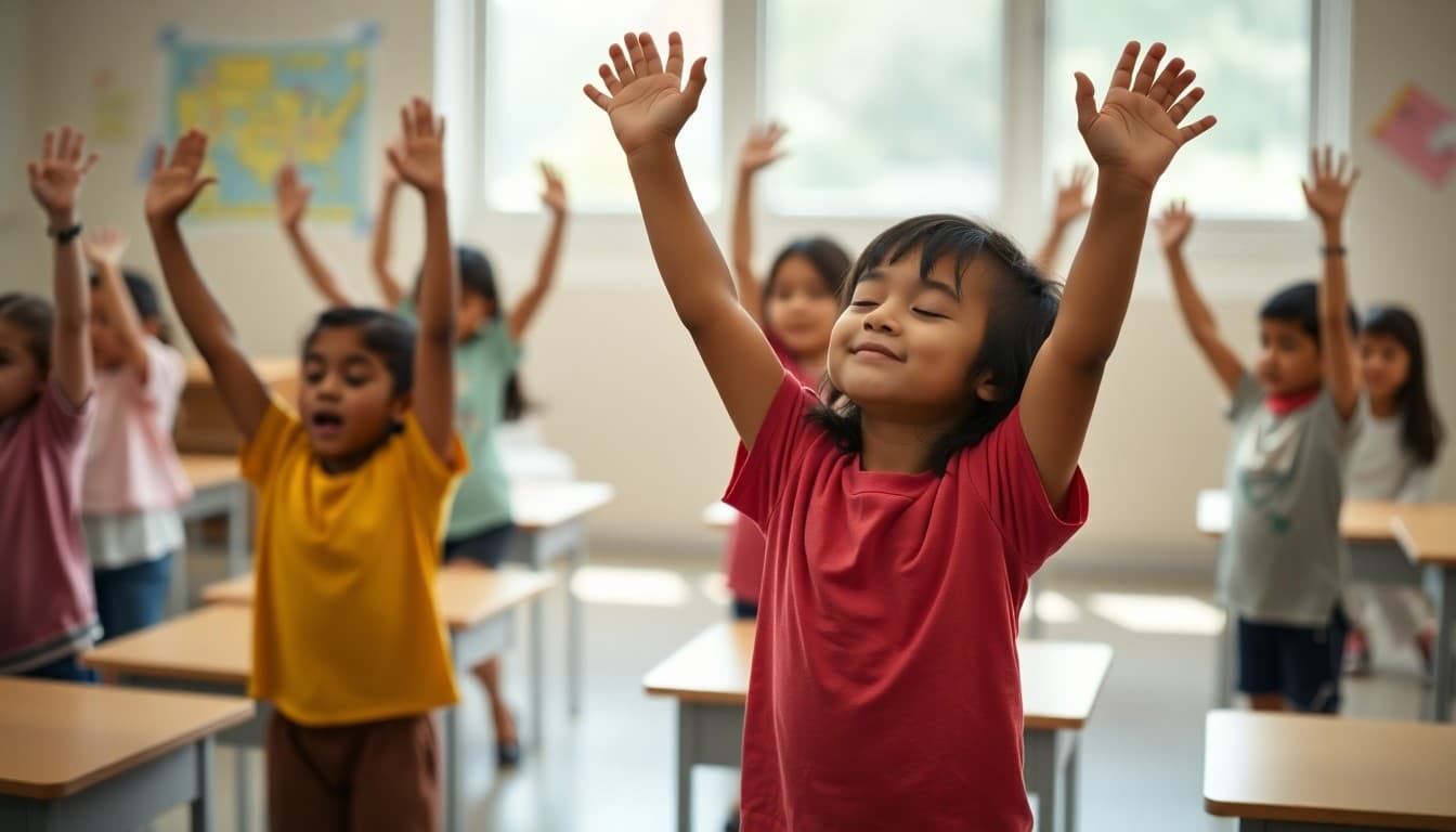 Students in a classroom doing a simple standing yoga pose with arms raised and eyes closed