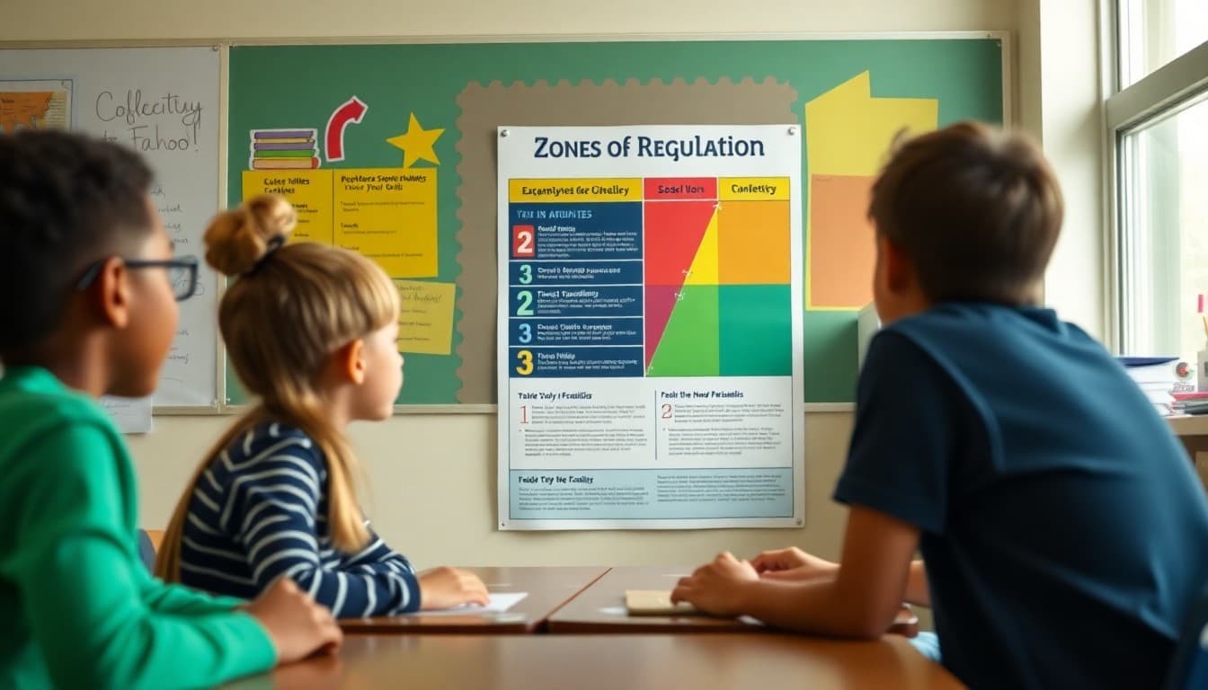 Zones of Regulation four-color poster in classroom with teacher newsletter for families