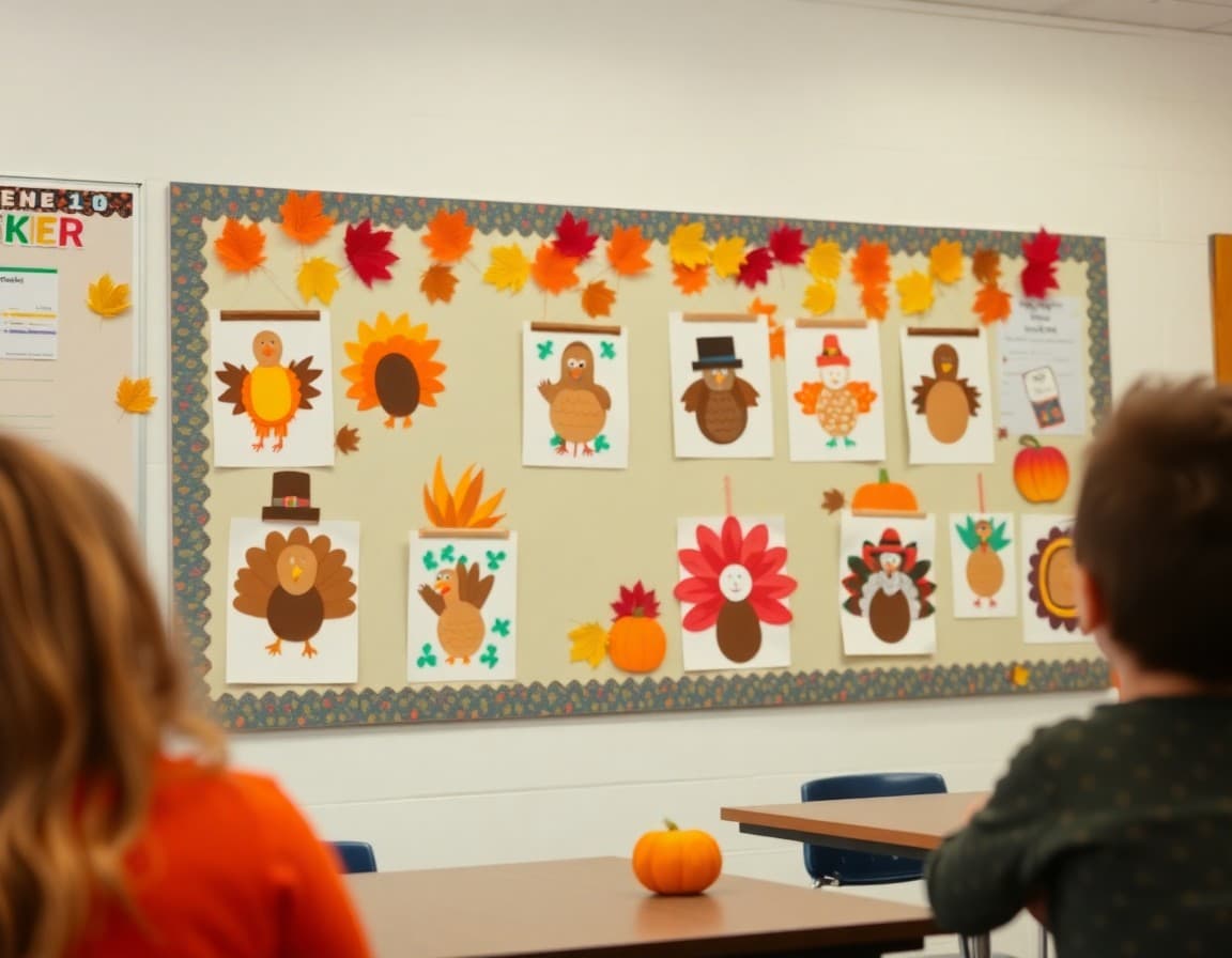 Thanksgiving student craft projects displayed on a fall-themed classroom bulletin board