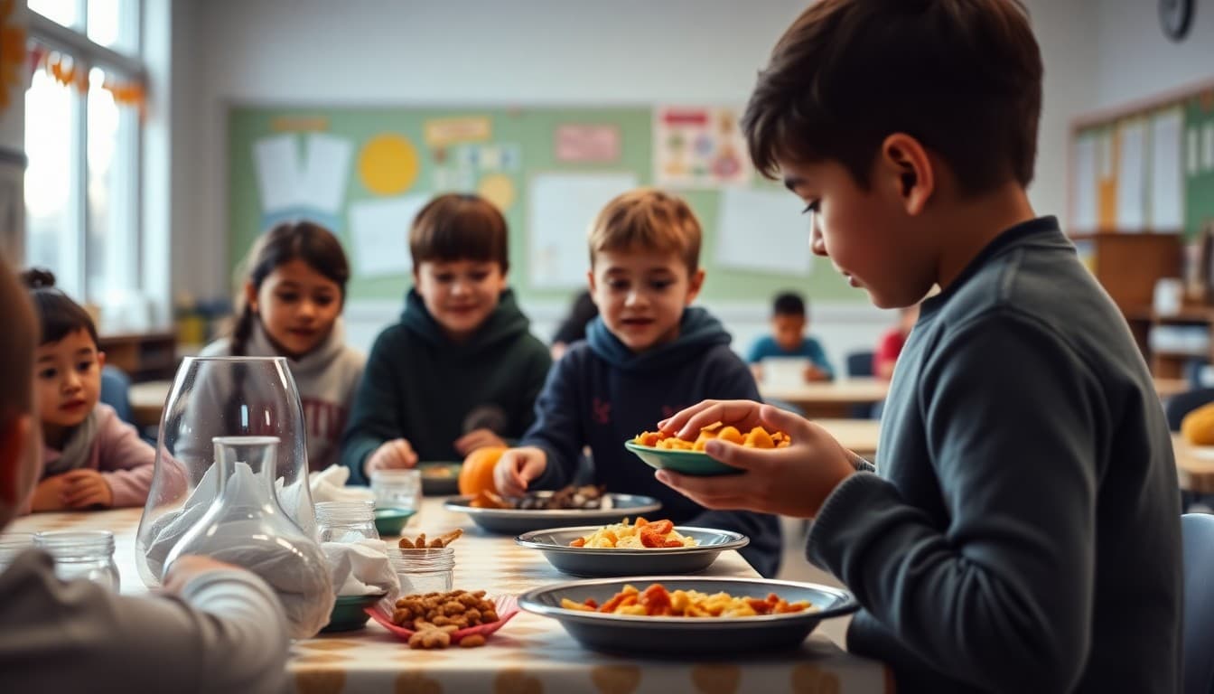 Students sharing a classroom Thanksgiving feast with food on decorated tables
