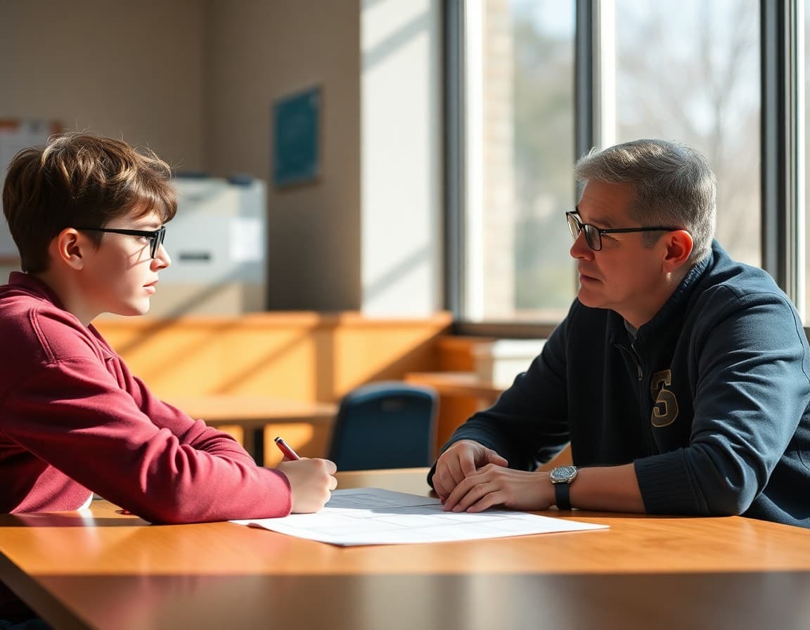 Student and parent discussing college enrollment decision at a table in April