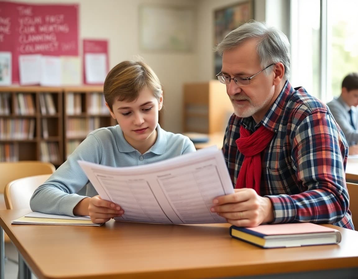Student and parent reviewing college planning checklist together at desk
