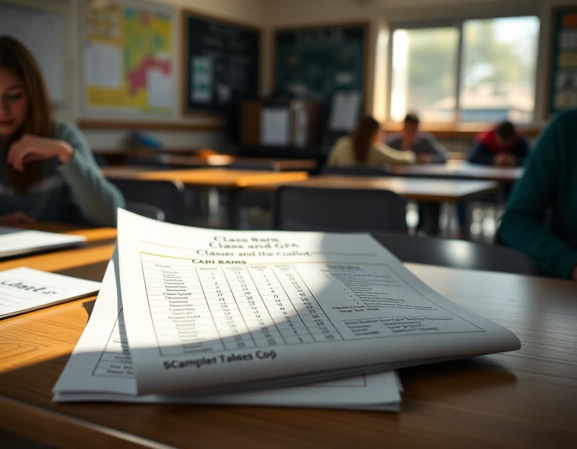 Class rank and GPA newsletter with sample transcript and calculation explanation on a desk