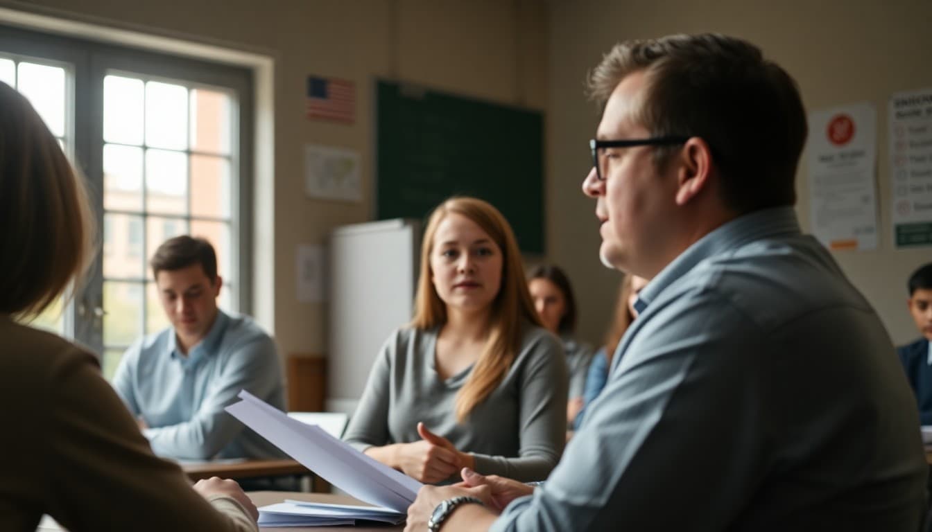 High school registrar explaining GPA calculation and class rank to parents at a school meeting