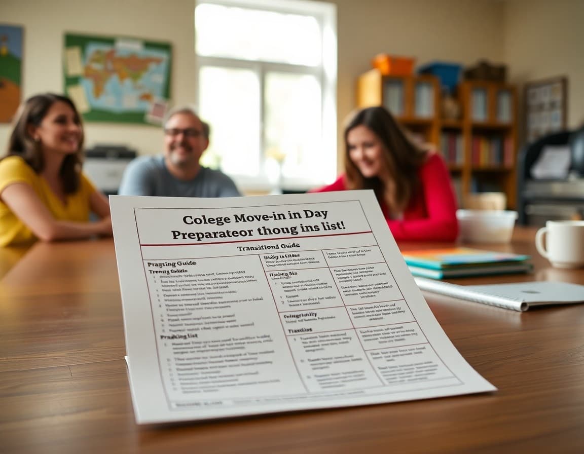 College move-in day preparation newsletter with packing list and transition guide on a family table