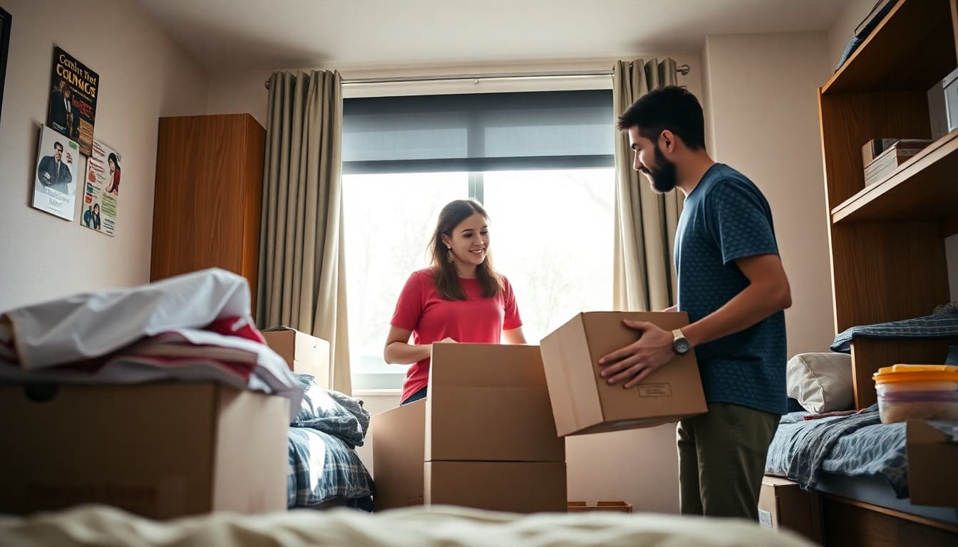 College move-in day with parents and student unpacking boxes in a residence hall dorm room