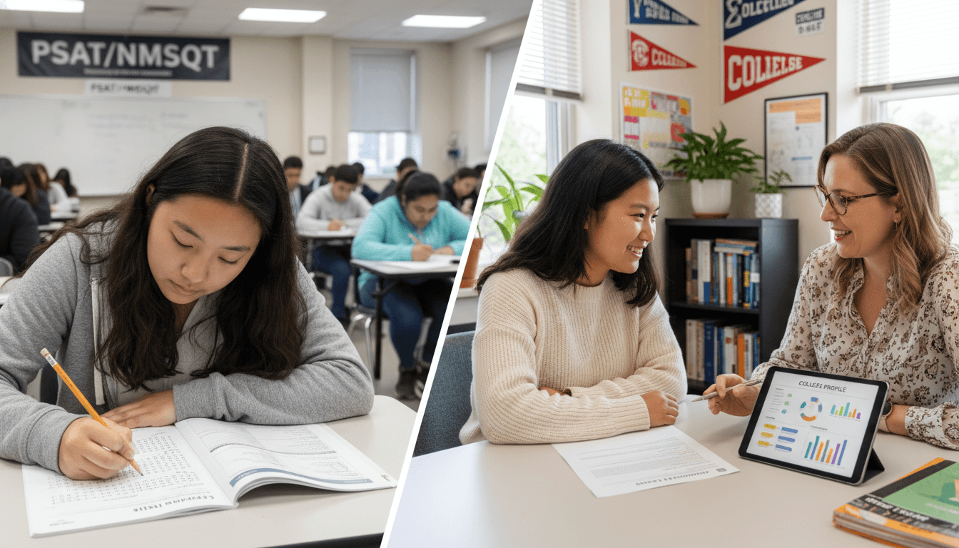 A 10th grade student reviewing their high school transcript and course options with a school counselor