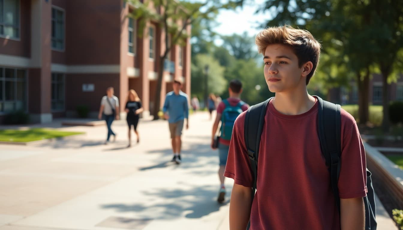 High school student walking across college campus during summer enrichment program