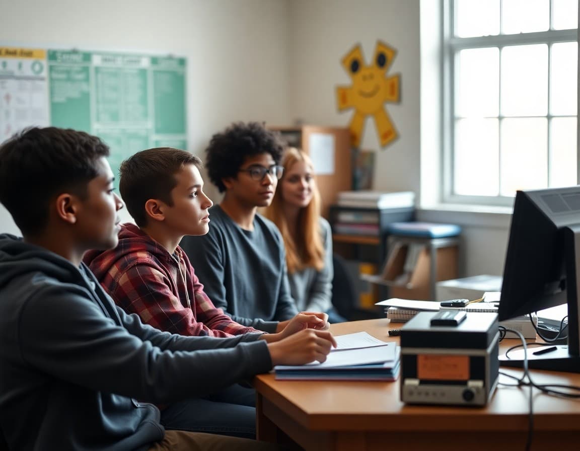 High school counselor walking students through roommate matching process at desk