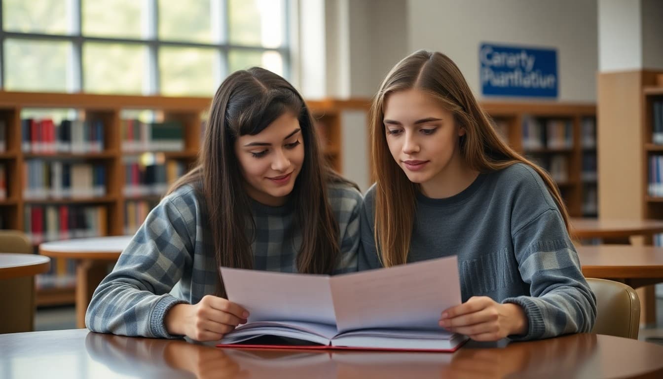 Two college-bound seniors reviewing roommate questionnaire together at a library table