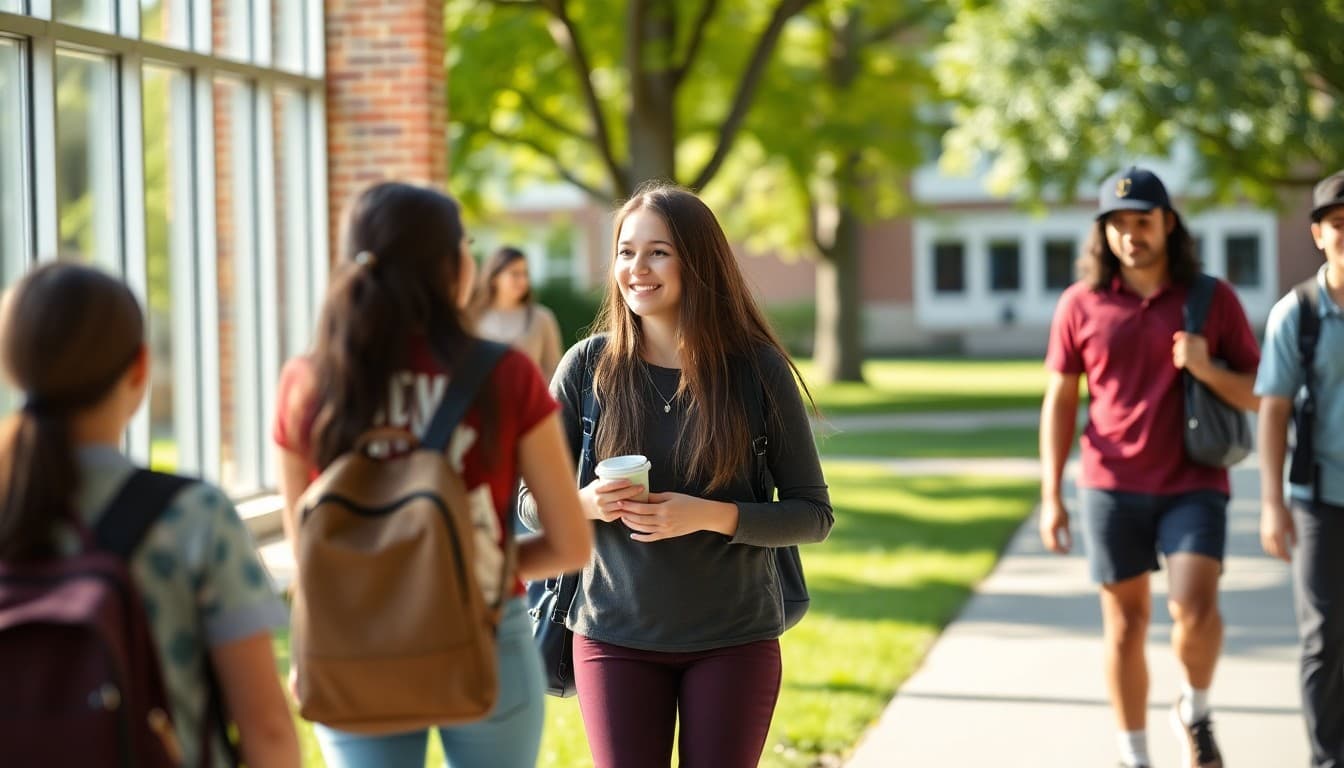 High school students on a college campus visit tour with an admissions guide walking the grounds