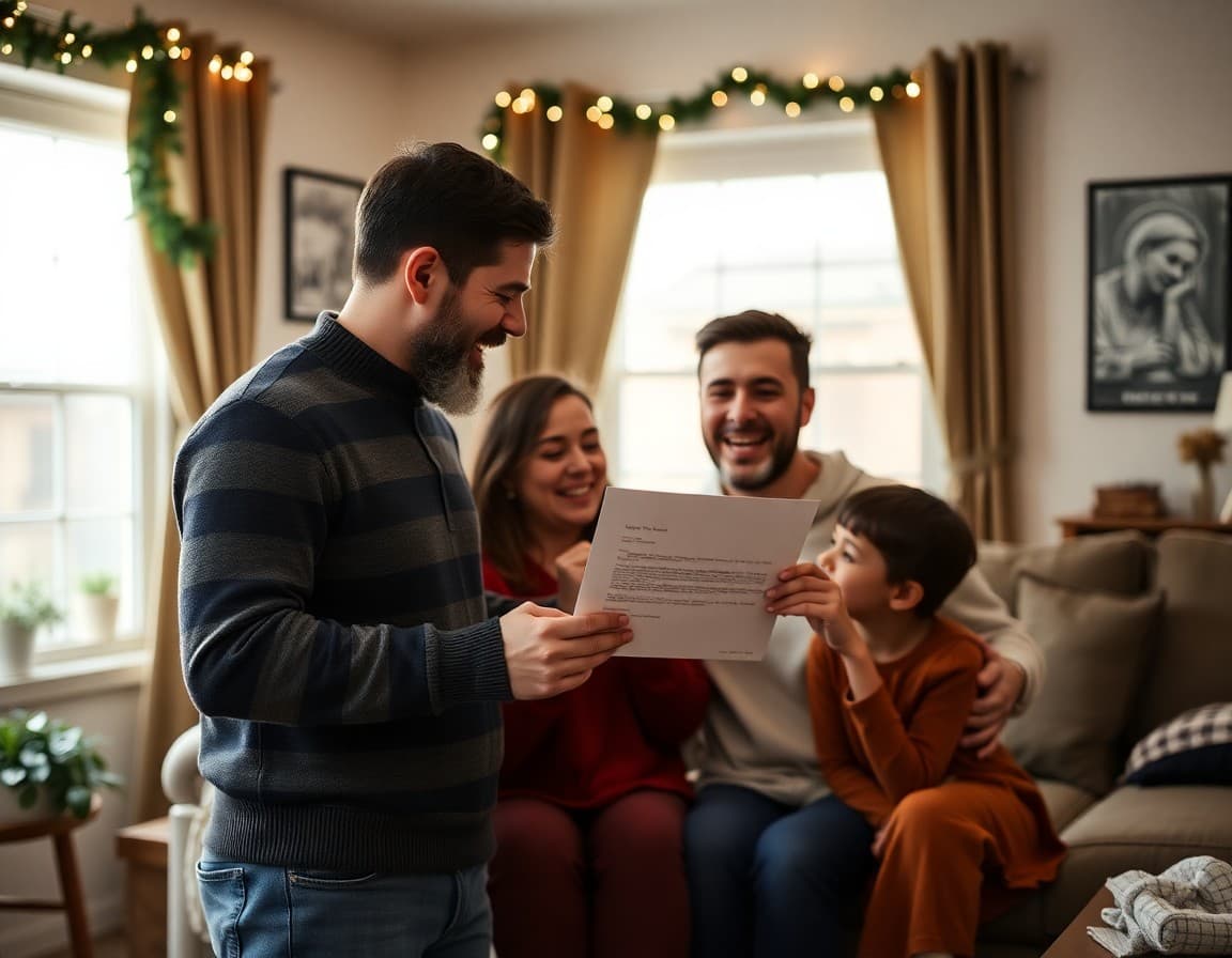 Family celebrating college acceptance letter together in living room in December