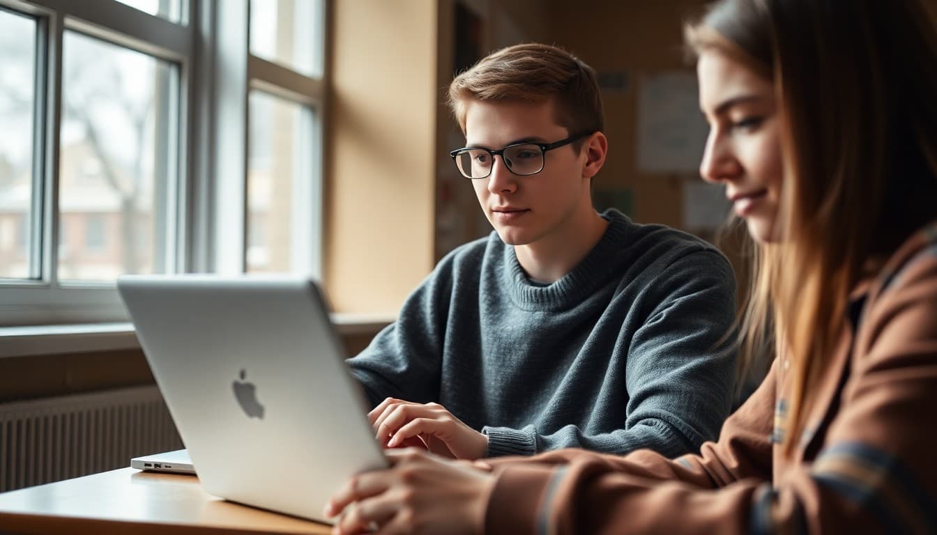 High school senior checking college admission decision on laptop in December