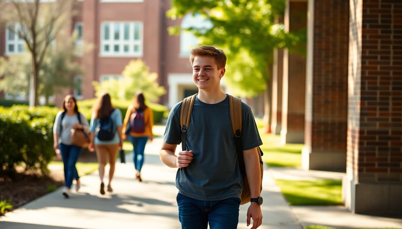 High school junior walking on college campus during official admissions tour visit