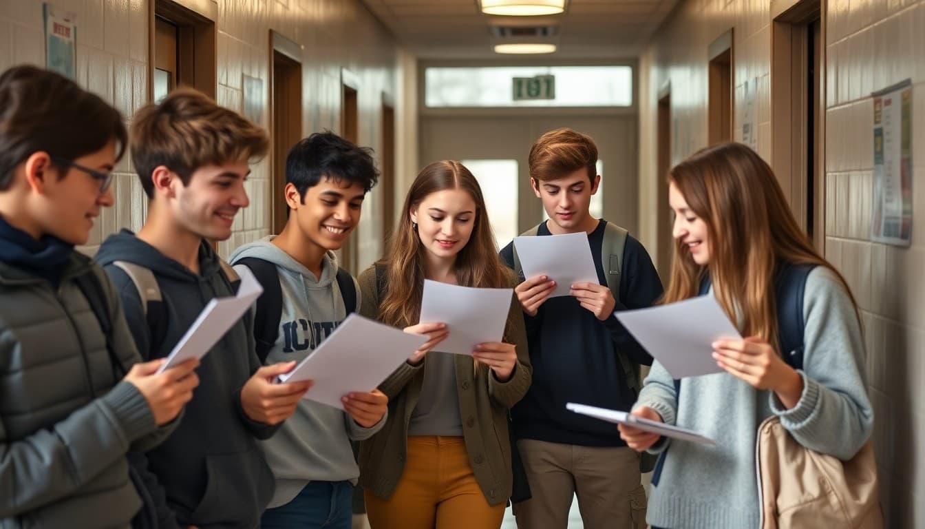 High school seniors opening early decision letters together in the school hallway with excitement