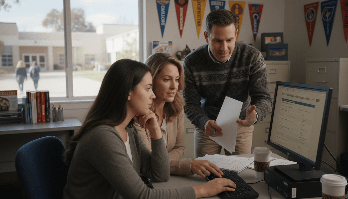 A parent and high school senior sitting together at a kitchen table with a laptop open to the FAFSA website