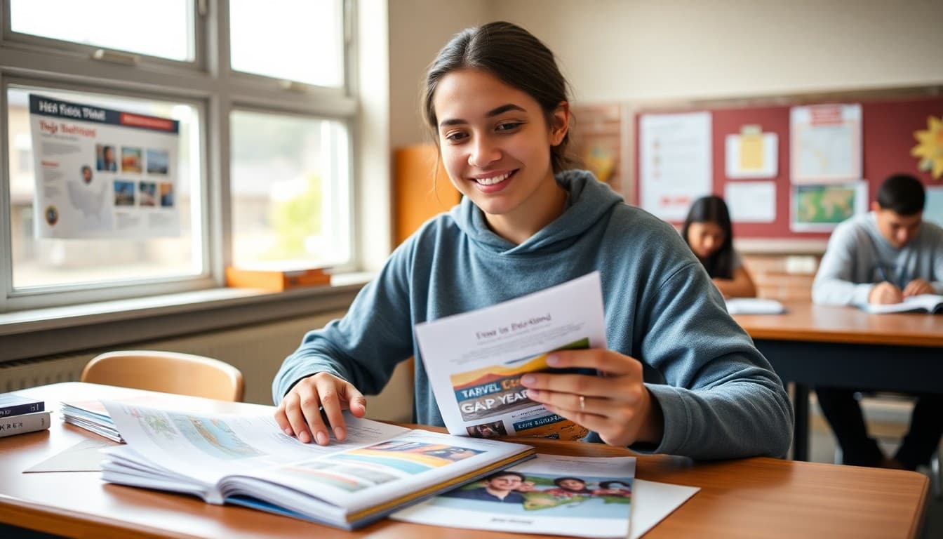 Recent high school graduate planning a gap year with travel and service program materials on a desk