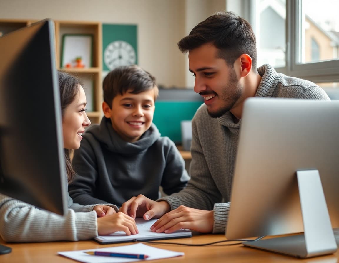 Family completing FAFSA form together on computer in January