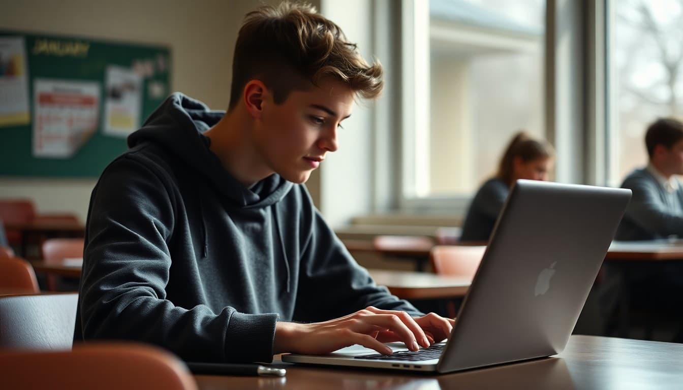 Student submitting final college application at laptop in January with calendar visible