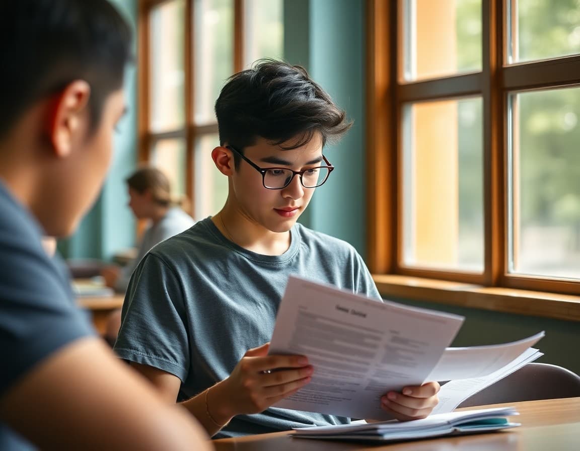 Student reviewing college list and notes on a summer afternoon in July