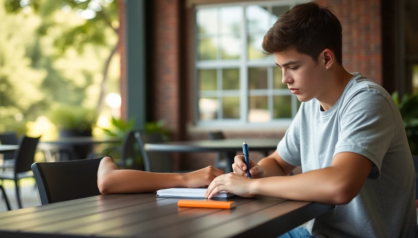 Rising senior student working on college essay draft at outdoor table in July