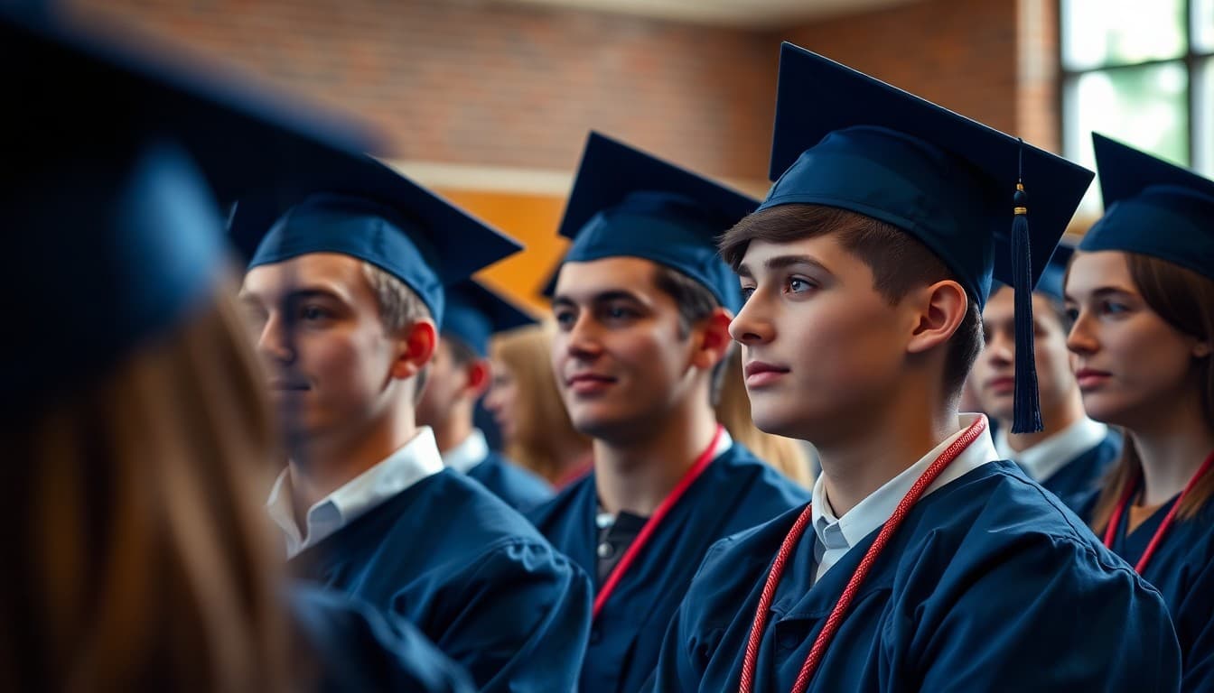 High school graduates in caps and gowns at graduation ceremony in June