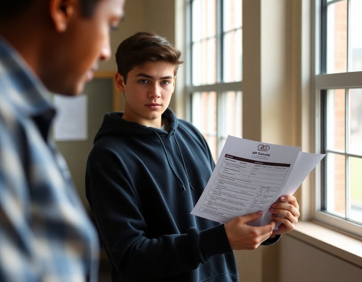 Student reviewing AP exam schedule and orientation paperwork in May