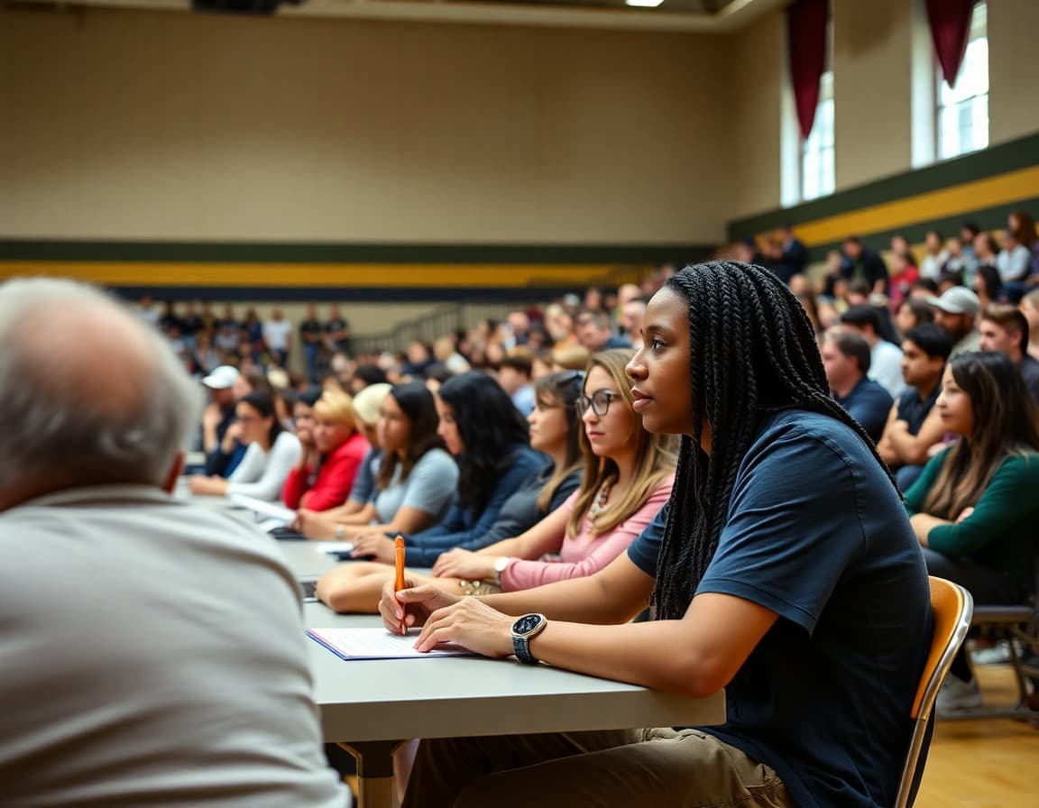 High school gymnasium filled with families watching athlete sign college commitment