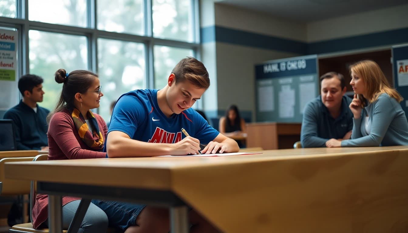 Student athlete signing letter of intent at table surrounded by family and coach