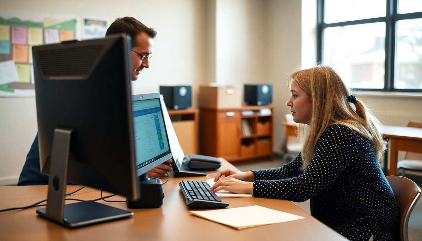 Parent learning to use Naviance on a computer with help from a school counselor at a desk