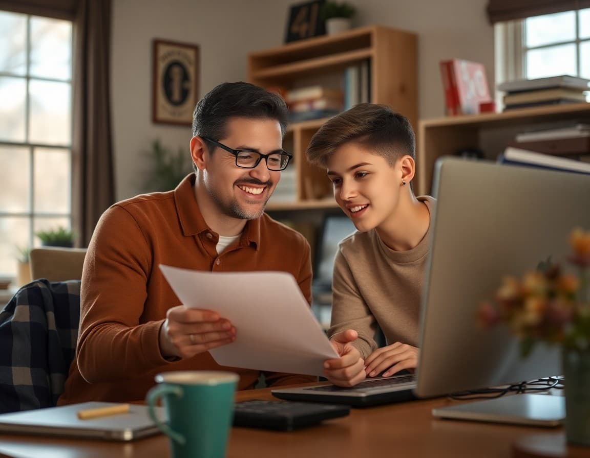 Parent and senior reviewing FAFSA form together at home computer in fall