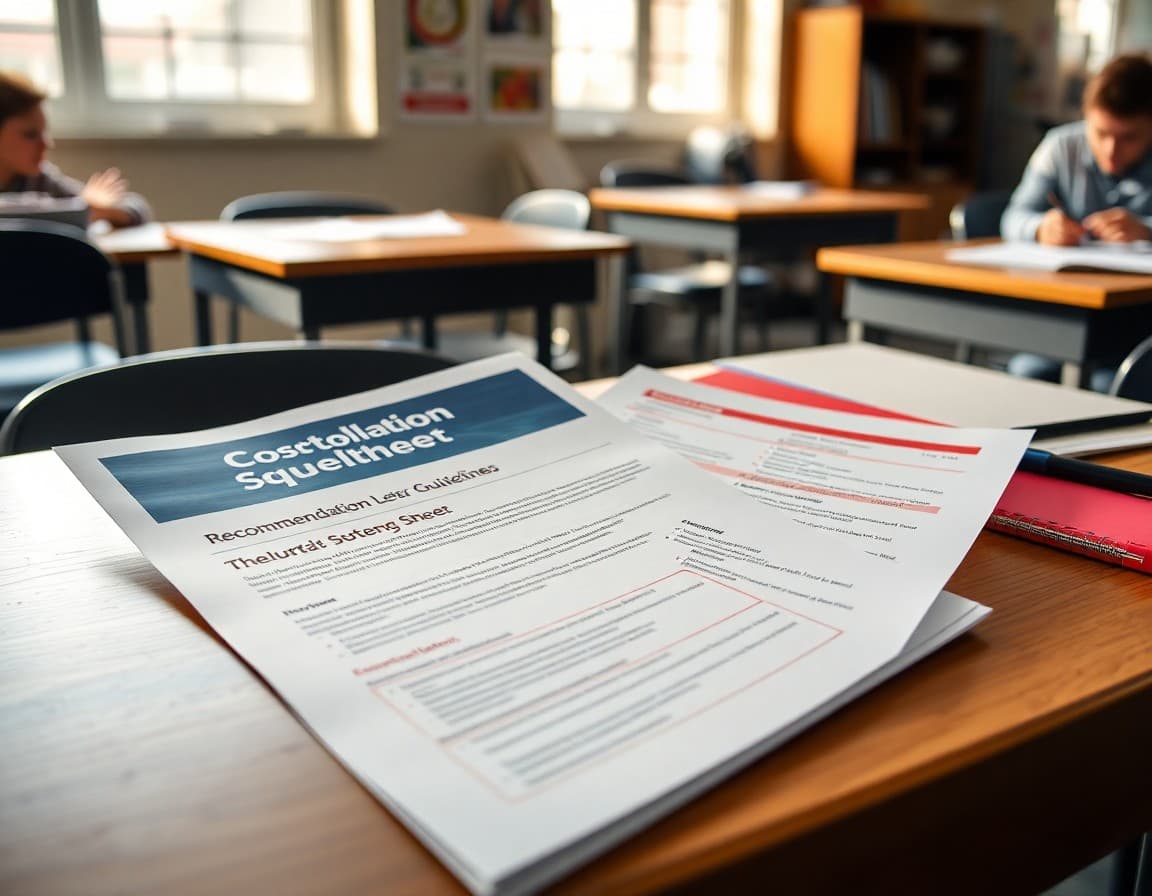 Recommendation letter guidelines newsletter and student brag sheet laid out on a teacher desk