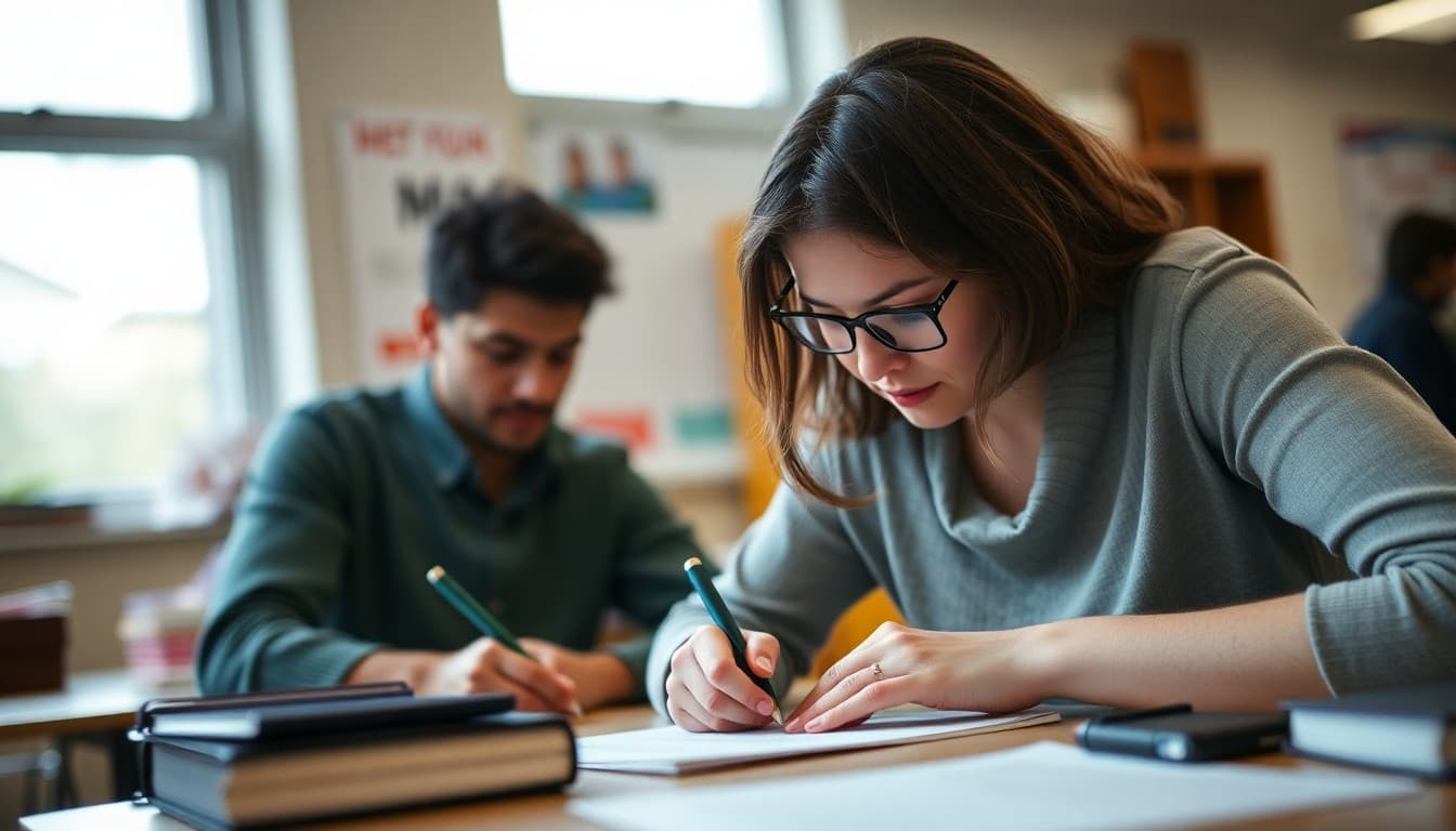 High school teacher writing a college recommendation letter for a student at their desk