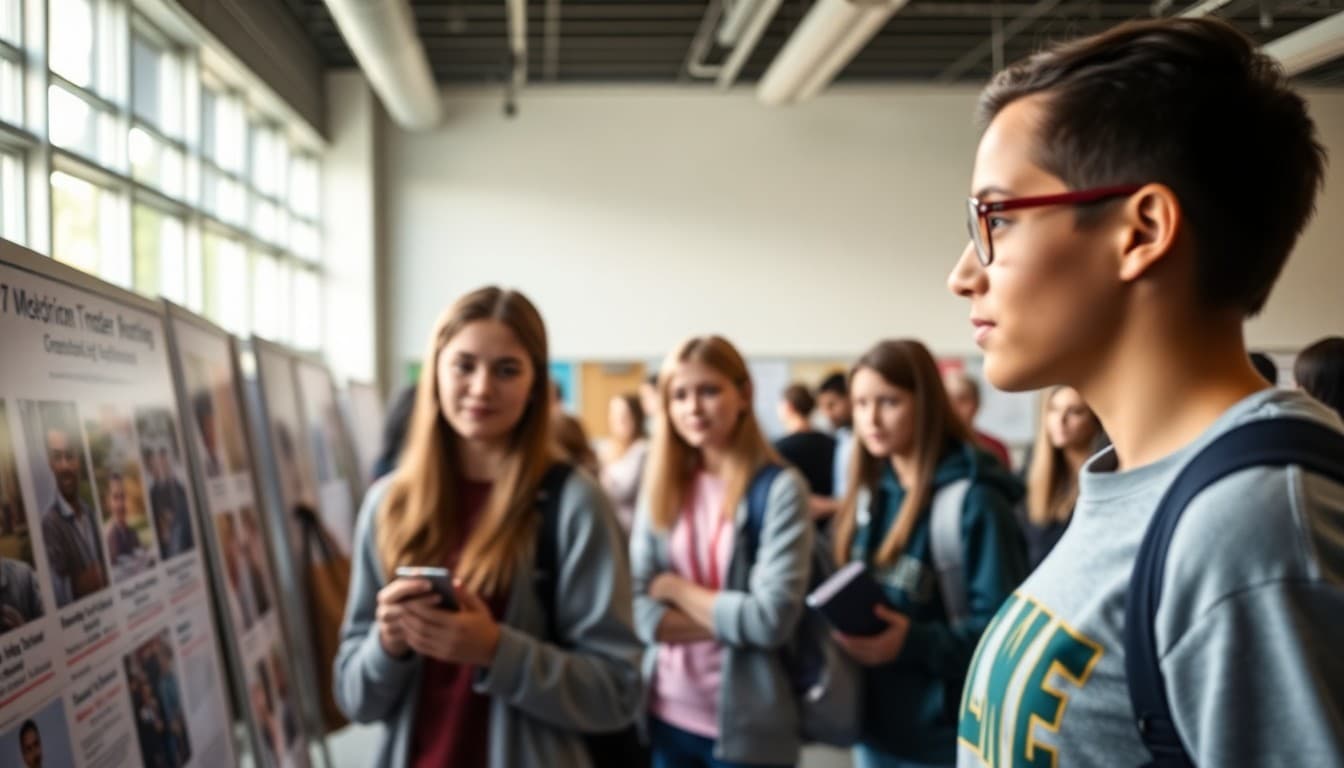 High school students exploring career pathway displays at a school career event