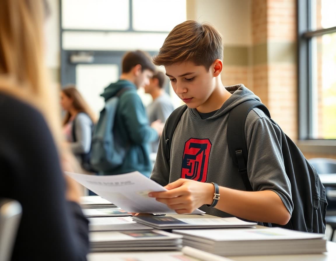 High school junior reviewing college information materials at a fair table