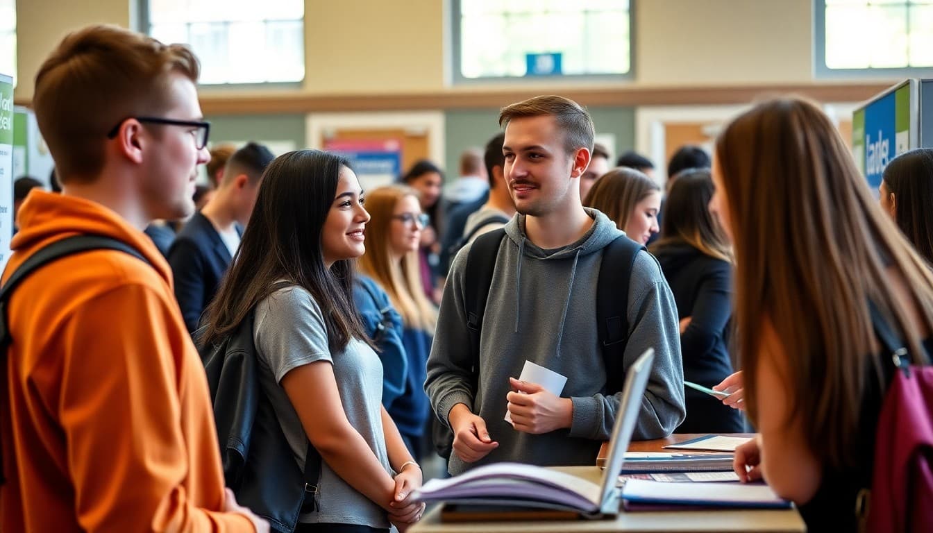 Students talking to college representatives at booths at a school college fair