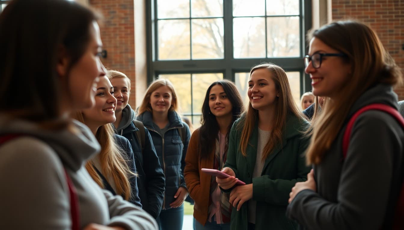 Students and families on a college campus tour in fall with admissions guide