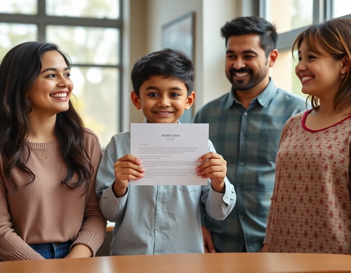 First-gen student holding acceptance letter with family looking on proudly