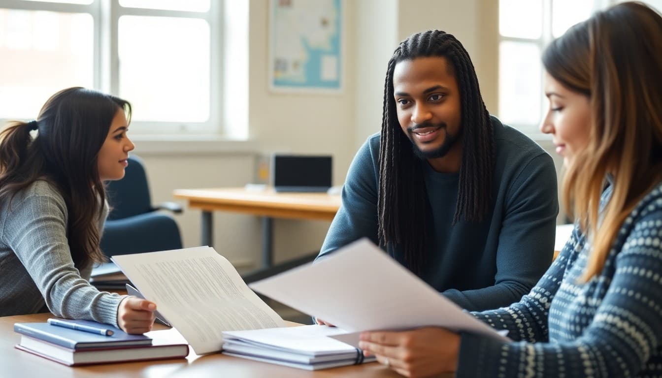 First-generation college student reviewing application materials with school counselor