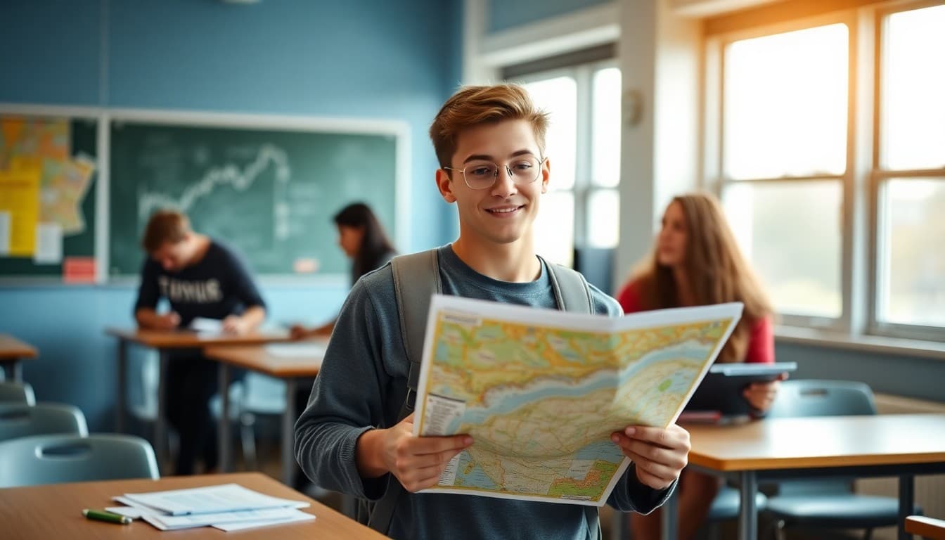 Recent high school graduate planning gap year with maps and travel materials